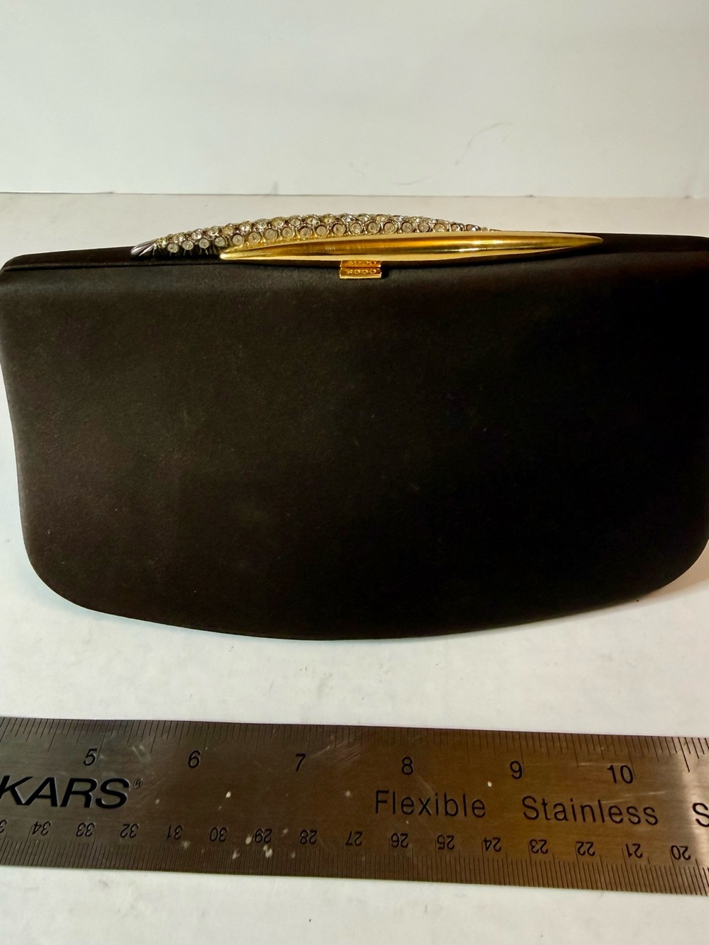 Rodo Dark Chocolate Brown Satin Clutch with Gold & Crystal-Accented Bar